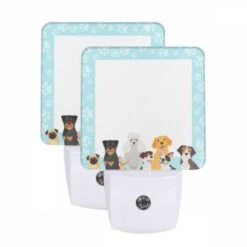 Night Light Set Of 2, A Group Of Dogs And A Cat Are Standing In Front Of A White Frame.