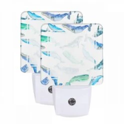 Night Light Set Of 2, A Blue And White Whale Is Swimming In The Ocean.