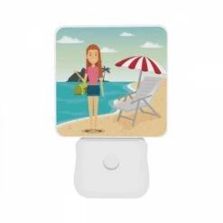 Night Light Set Of 2, A Woman In A Pink Shirt Is Standing On A Beach Holding A Purse. -Cute Night Light Shop 4d543417672c5b2230ce8e7b02b4c3b90f62616b