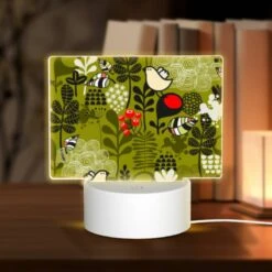 Rectangular Acrylic Night Light, A Bird Is Sitting On A Red Berry In A Forest.