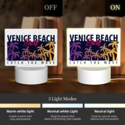 Rectangular Acrylic Night Light, A Surfboard With A Picture Of A Beach And The Words "Catch The Wave" On It. -Cute Night Light Shop 4f54017047dccf3269b93b3ad898110edf0c277d