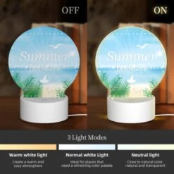 Round Acrylic Night Light, A Picture Of A Beach With A Boat And A Seagull Flying Over The Water. -Cute Night Light Shop 4fe2115c2f36de2adadcfdeadd2bf599a35468a0