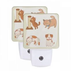 Night Light Set Of 2, Four Different Colored Cats Are Shown Playing With A Toy.