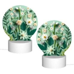 Round Acrylic Night Light, A Collection Of Flowers And Leaves On A Green Background. -Cute Night Light Shop 52f0b7bfe1d98301ab35ea38dcade4eca32ab17d