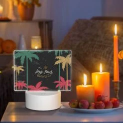 Rectangular Acrylic Night Light, A Black And White Image Of Palm Trees With The Words "Long Beach" Written In Gold. -Cute Night Light Shop 5462c49d7890e1b89a4dac23bcf3f277739658e1