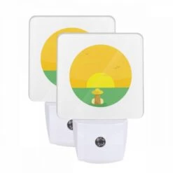 Night Light Set Of 2, A Sunset With A Bird Flying In The Sky.