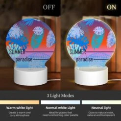 Round Acrylic Night Light, A Colorful Image Of Leaves And Flowers With The Words "Summer Paradise" Written On It. -Cute Night Light Shop 567b41f3f569efe2082690a935929b0447df046a