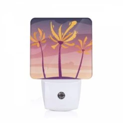 Night Light, Three Palm Trees With Yellow Flowers In The Sky.