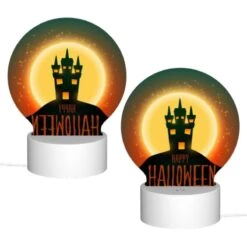 Round Acrylic Night Light, A Halloween Poster With A Castle And The Words "Happy Halloween" Written On It. -Cute Night Light Shop 57ef2592f8e2a4a106e6ad0116c769264ca019fb