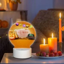 Round Acrylic Night Light, A Halloween Party Sign Is Displayed On An Orange Background. -Cute Night Light Shop 5b55430543f18ace3976a6ee451dad581c5b3c19