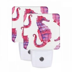 Night Light Set Of 2, A Collection Of Red And Blue Sea Horse Paintings.