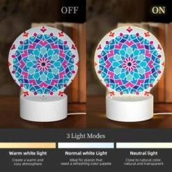 Round Acrylic Night Light, A Colorful Blue And Purple Flower Design. -Cute Night Light Shop 5e3c206670e6261d70ee5866bbf55585e67d258f