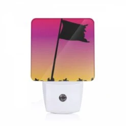 Night Light, A Black Flag Is Flying In The Wind.