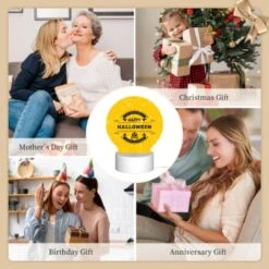 Round Acrylic Night Light, A Yellow Sign That Says "Happy Halloween" With A Skull And Crossbones On It. -Cute Night Light Shop 602fe0d209b1dbc76d47863b5fb5a3ead282e252