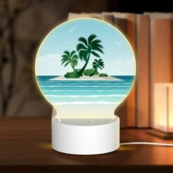 Round Acrylic Night Light, A Tropical Island With A Palm Tree And A Sunny Sky.