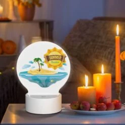 Round Acrylic Night Light, A Sunny Island With A Palm Tree And A Yellow Sun. -Cute Night Light Shop 62595842ec37bae687dbe8f834c01fbd5f862453