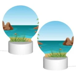 Round Acrylic Night Light, A Cartoon Beach Scene With A Palm Tree -Cute Night Light Shop 628b0fd9054c79378f15e704f9403602c59257f1