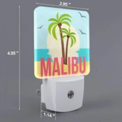 Night Light Set Of 2, A Palm Tree Is In Front Of A Sunset With The Word Malibu Written Below It. -Cute Night Light Shop 634eb29586932e0dd29e19a95b0cd90ab35a5d3d