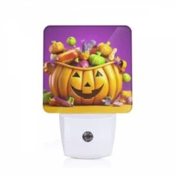 Night Light, A Cartoon Pumpkin With A Smiling Face And A Basket Full Of Candy.