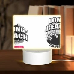 Rectangular Acrylic Night Light, A Black And White Image Of A Beach With The Words "Long Beach" Written On It.