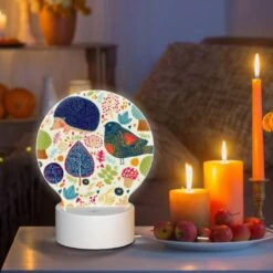 Round Acrylic Night Light, A Hedgehog And A Bird Are Surrounded By Colorful Leaves. -Cute Night Light Shop 654669723470a8a4d517383b90b0034fcb17a66d