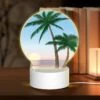 Round Acrylic Night Light, A Sunset With A Palm Tree And A Beach.