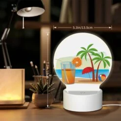 Round Acrylic Night Light, A Glass Of Orange Juice And An Orange Are Placed On A Beach -Cute Night Light Shop 671ec52f0c3c95ac800171498c7a6d85fb44b47b