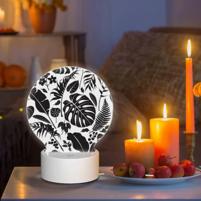 Round Acrylic Night Light, A black and white image of a leafy plant. Round Acrylic Night Light, A Black And White Image Of A Leafy Plant. -Cute Night Light Shop 6818840a7309965cd7b5ef473a37d76fc6b91e0f
