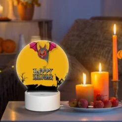 Round Acrylic Night Light, A Halloween Banner With A Bat And A Pumpkin. -Cute Night Light Shop 68cd0e142436712c4b4b826021e18495627b5185