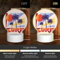 Round Acrylic Night Light, A Colorful Surfboard Logo With A Sun And Palm Trees. -Cute Night Light Shop 69c0c05dc32a34283914801a64c9de58611efb04