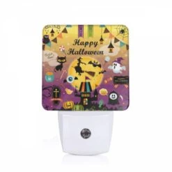 Night Light, A Colorful Poster With Halloween Decorations And A Witch On A Broom.