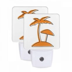 Night Light Set Of 2, A Cartoon Drawing Of A Palm Tree With A Beach Umbrella.