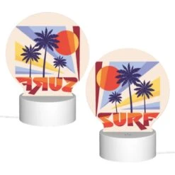 Round Acrylic Night Light, A Colorful Surfboard Logo With A Sun And Palm Trees. -Cute Night Light Shop 6bdba935106763bd820829d1b810baa45f9076aa