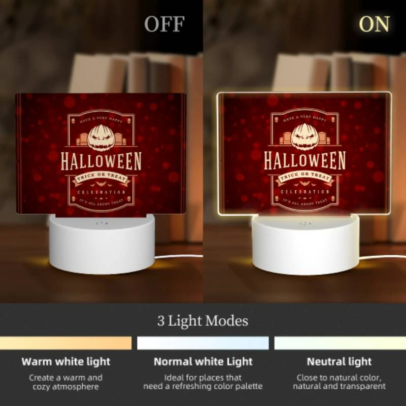 Rectangular Acrylic Night Light, A red and white Halloween poster with a pumpkin on it. Rectangular Acrylic Night Light, A Red And White Halloween Poster With A Pumpkin On It. -Cute Night Light Shop 6d44e0c6bf0bdf458c585d091e2322f96487c75e