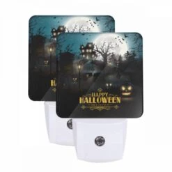 Night Light Set Of 2, A Halloween Poster With A Spooky House And Pumpkins.