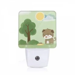 Night Light, A Dog Is Standing In Front Of A Tree And A Yellow Ball.