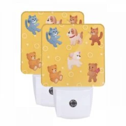 Night Light Set Of 2, A Group Of Six Teddy Bears Are Arranged On A Yellow Background.