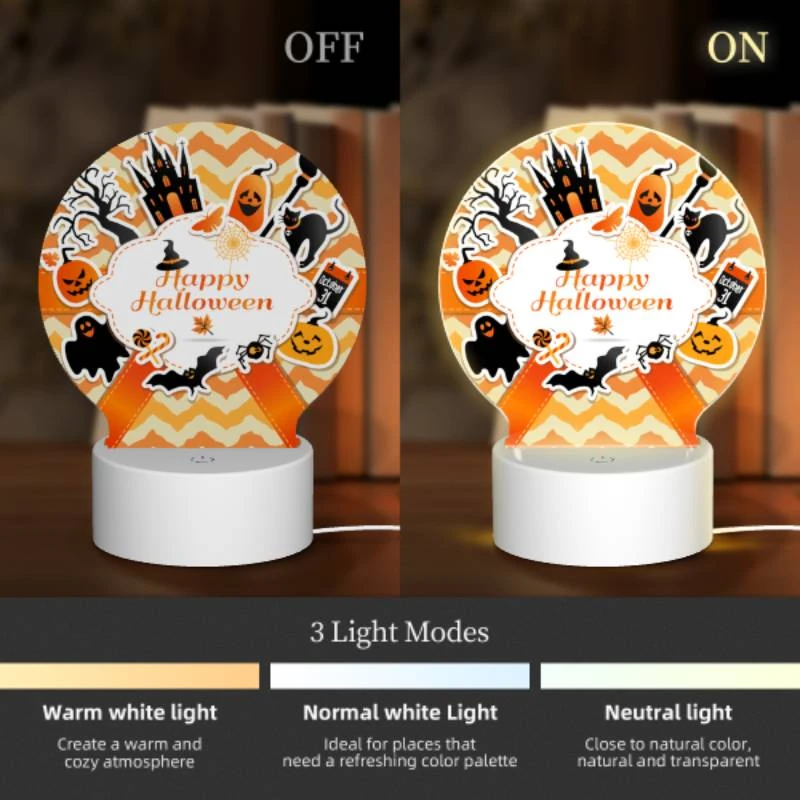 Round Acrylic Night Light, A colorful sticker with a witch on it and the words "Happy Halloween" on it. Round Acrylic Night Light, A Colorful Sticker With A Witch On It And The Words "Happy Halloween" On It. -Cute Night Light Shop 6fc10f7b65cf24968e1e07f298d4176b3ddab323