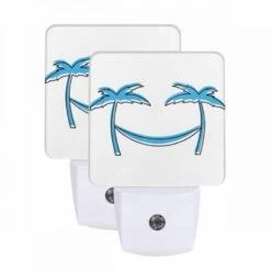 Night Light Set Of 2, A Blue And White Smiley Face With Two Palm Trees On Either Side.