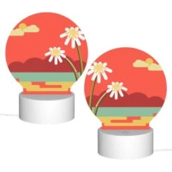 Round Acrylic Night Light, A Red And Yellow Sunset With Two White Flowers. -Cute Night Light Shop 73f6b8034df2a5fcb4bc9562fd703603e2c0185d