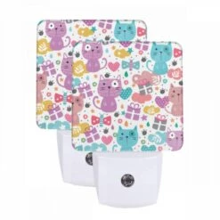Night Light Set Of 2, A Colorful Pattern Of Cats With Hearts And Presents.