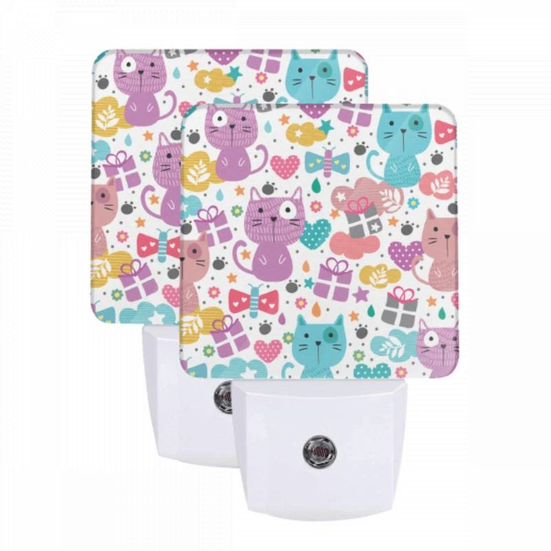 Night Light Set of 2, A colorful pattern of cats with hearts and presents. Night Light Set Of 2, A Colorful Pattern Of Cats With Hearts And Presents. -Cute Night Light Shop 744c7be1fb36261316f78f8b1612e78f057ade66