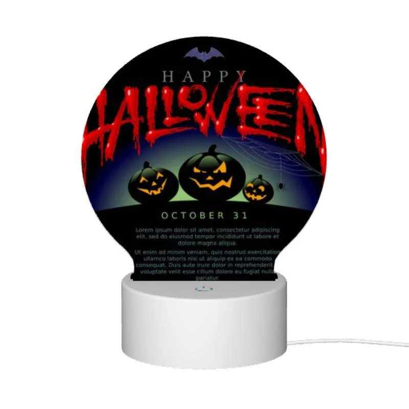 Round Acrylic Night Light, A poster with three pumpkins and the words "Happy Halloween" written on it. Round Acrylic Night Light, A Poster With Three Pumpkins And The Words "Happy Halloween" Written On It. -Cute Night Light Shop 751a4f4874a37ea496bf27b1c9039ad3881b9720