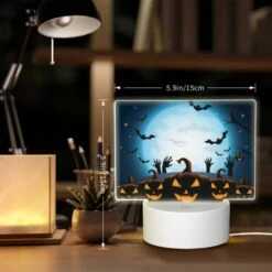 Rectangular Acrylic Night Light, A Group Of Pumpkins With Faces On Them Are Shown In Front Of A Full Moon. -Cute Night Light Shop 7b9a66af5403194af67db89e317c2f2eebde32e2