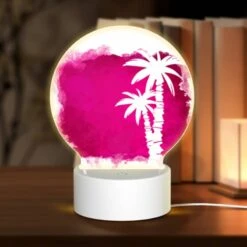Round Acrylic Night Light, A Pink And White Painting Of A Palm Tree.