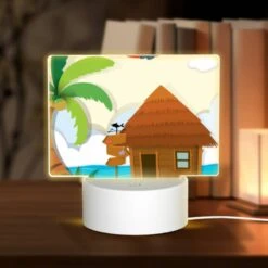 Rectangular Acrylic Night Light, A Cartoon House With A Palm Tree And A Plane Flying Over It.