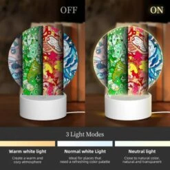 Round Acrylic Night Light, Three Colorful Designs Are Displayed On A Row Of Paper. -Cute Night Light Shop 7f4b4abac4407a6b63c2dfd9583b70a41297bb94