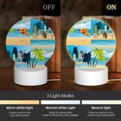 Round Acrylic Night Light, A Cityscape With A Beach And Palm Trees. -Cute Night Light Shop 80d08691a8fe8a1afd1a78b93fabb90a6bb0f2bf