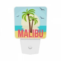 Night Light Set Of 2, A Palm Tree Is In Front Of A Sunset With The Word Malibu Written Below It. -Cute Night Light Shop 83db0f329ad9d897d1b2983145d5bc79a22e0688