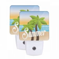 Night Light Set Of 2, A Cartoon Image Of A Palm Tree And The Word "summer" On A Beach.